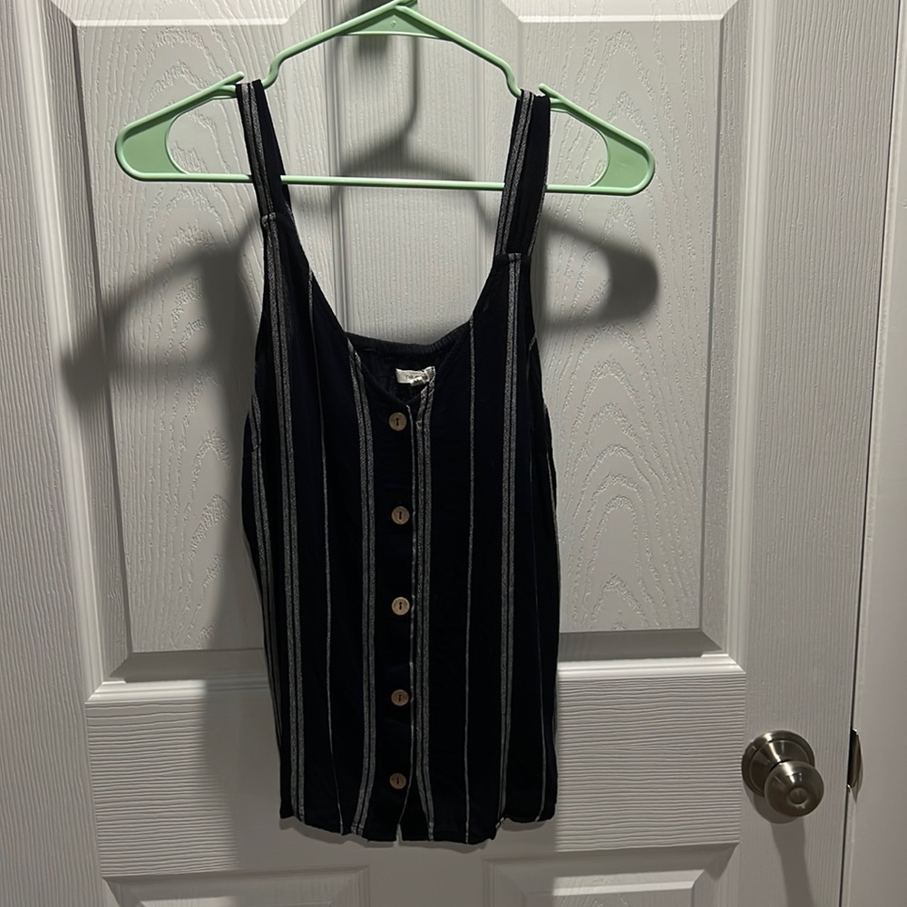 Navy with white stripes Maurice’s tank with button down front.